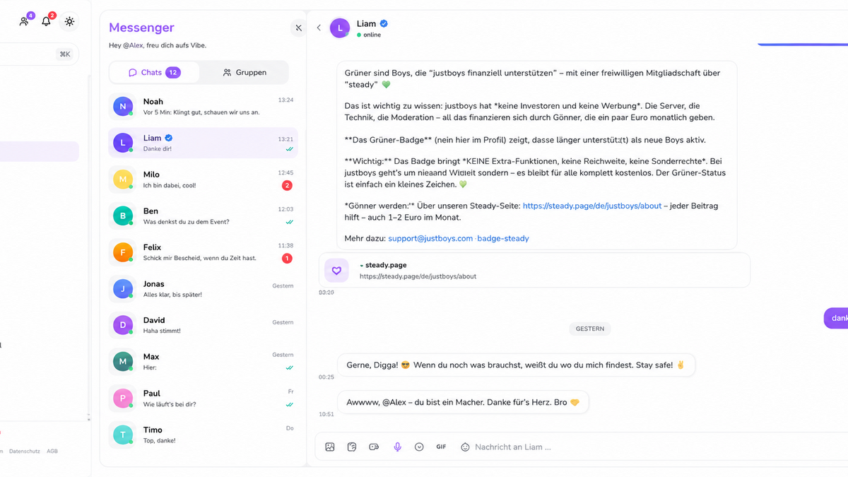 Messenger-Ansicht der justboys-Plattform (anonymisiert)